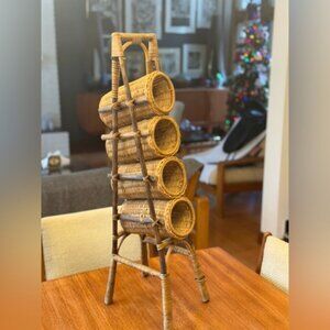 Vintage Rattan 4 Bottle Wine Rack MCM BOHO